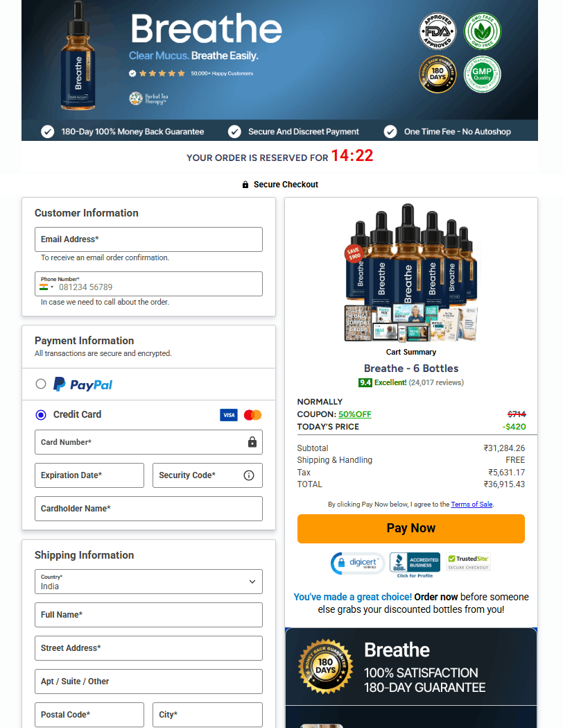 Breathe secure online checkout page