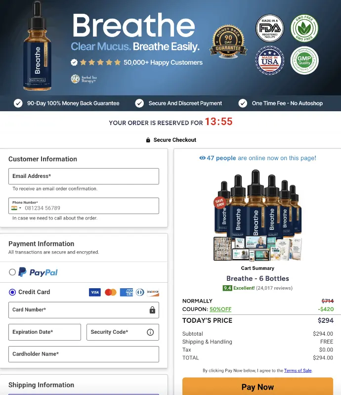 Breathe Order page Breathe Order page